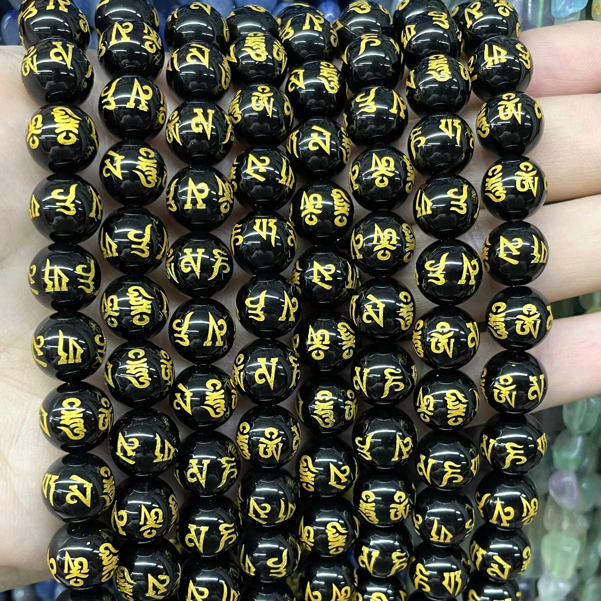 6 8 10MM Black Agates Six Word Mantra Prayer For Jewelry Making Loose Spacer Beads Diy Bracelet Necklace Accessories 15''Strand