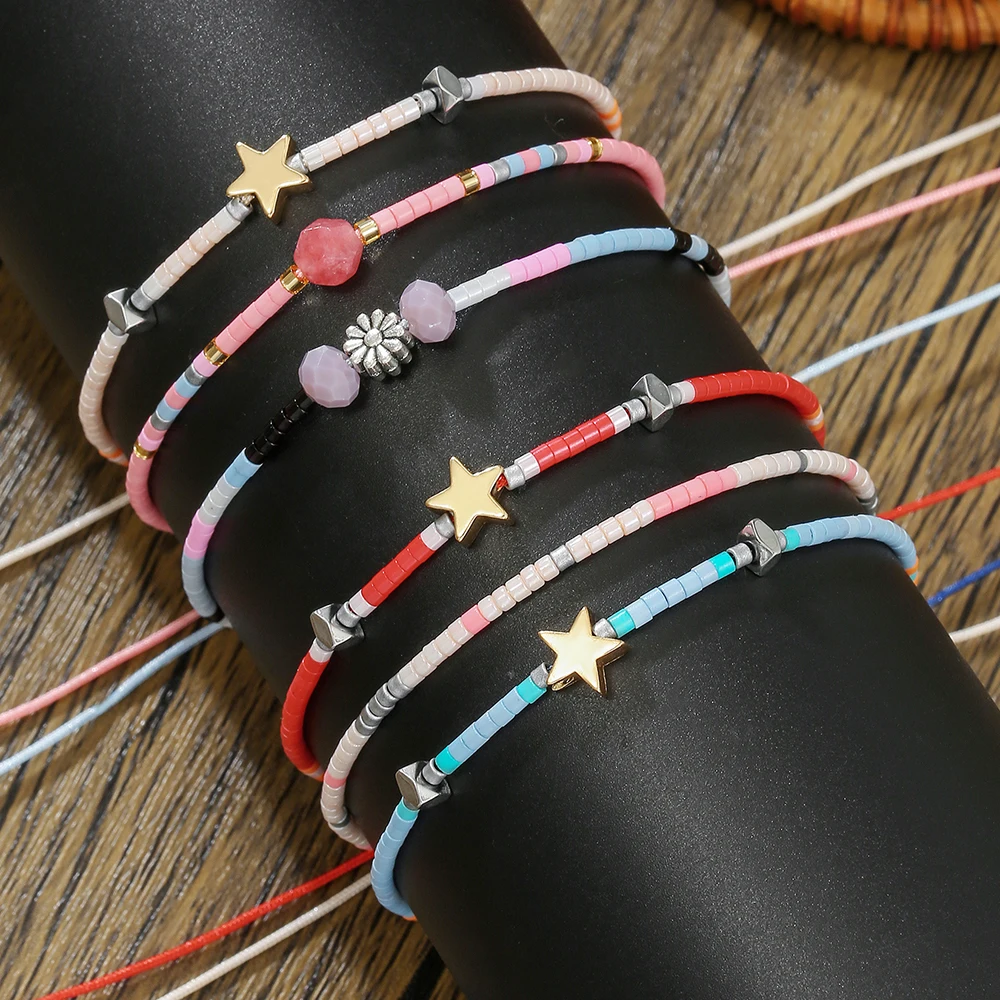 

3Pcs/Set Handmade Rope Rice Beads Bracelet Simple Design Small Daisy Star Natural Stone Charm Bracelet Jewelry Accessories