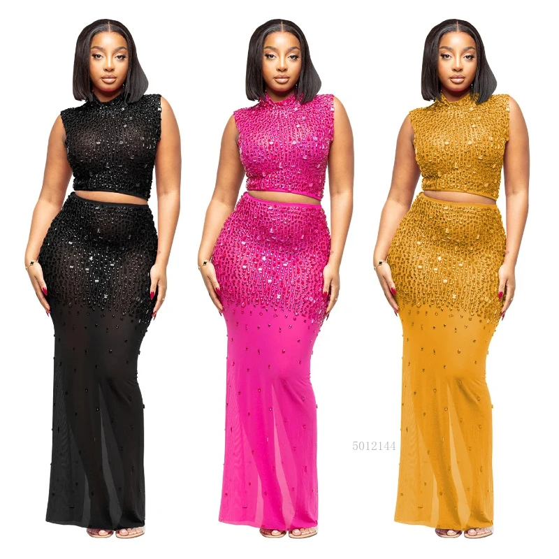 

2026 Новое сексуальное облегающее платье макси для женщин, элегантное вечернее клубное платье знаменитостей, роскошное платье на день рождения, комплекты из 2 предметов, топы и юбка