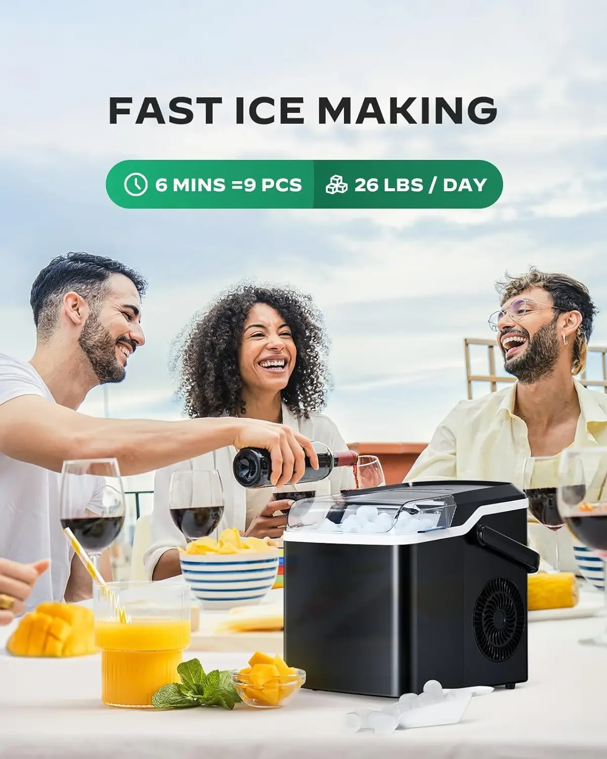 Efficient Countertop Ice Maker produces 9 crystal-clear Cubes in just 6 Mins, yields 26lbs in 24Hrs, includes Self-Cleaning feat