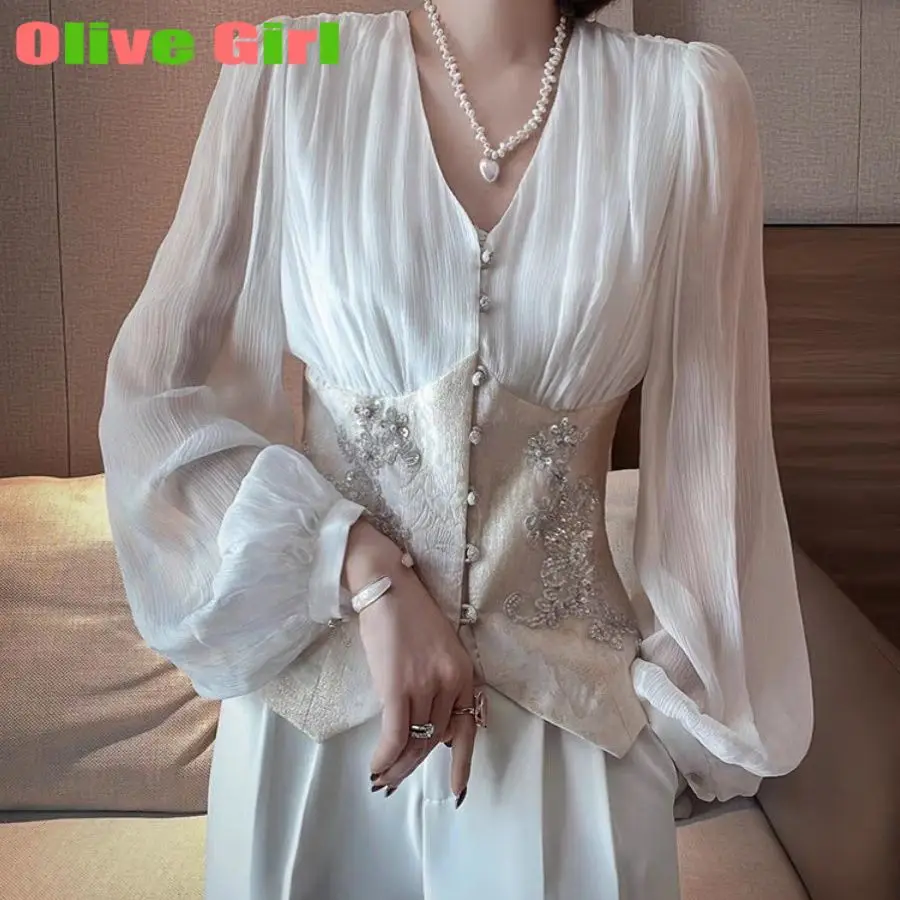 

Шифоновая рубашка, элегантная французская блузка с воротником-стойкой и вышитыми рукавами-пузырьками, топ, высококачественный рукав-фонарик с v-образным вырезом, осень 2023 г.