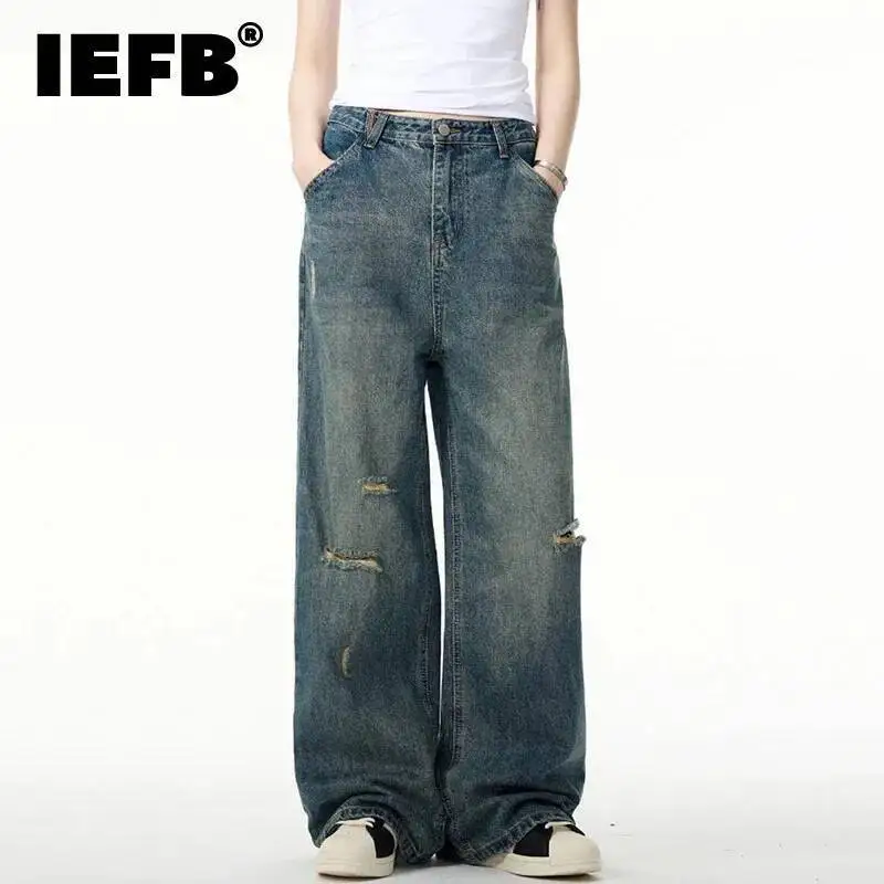 IEFB High Street Men's Denim Pants Hole Design Solid Color Casual Wide Leg Trendy Spring Bottom Straight Male Male Jeans 9W942