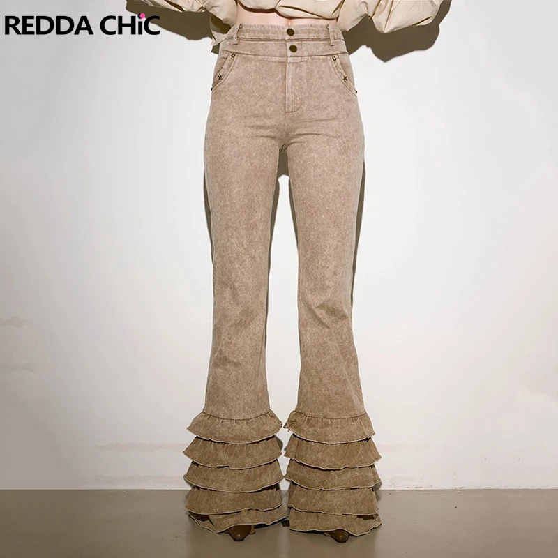 REDDACHiC Ruffle Tiered Flared Jeans for Woman Distressed Pockets Stretch Fitted High Waist Bootcut Pants Gyaru Y2k Bell Bottoms