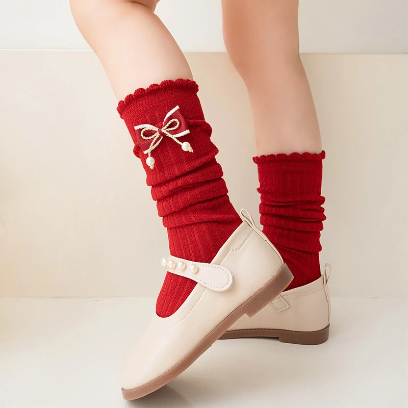 New Year Red Long Stockings For Girl Bow Calf Sock Autumn Winter Warm Knitted Socks 3-12Year Children Cotton Sock Kids Footwear