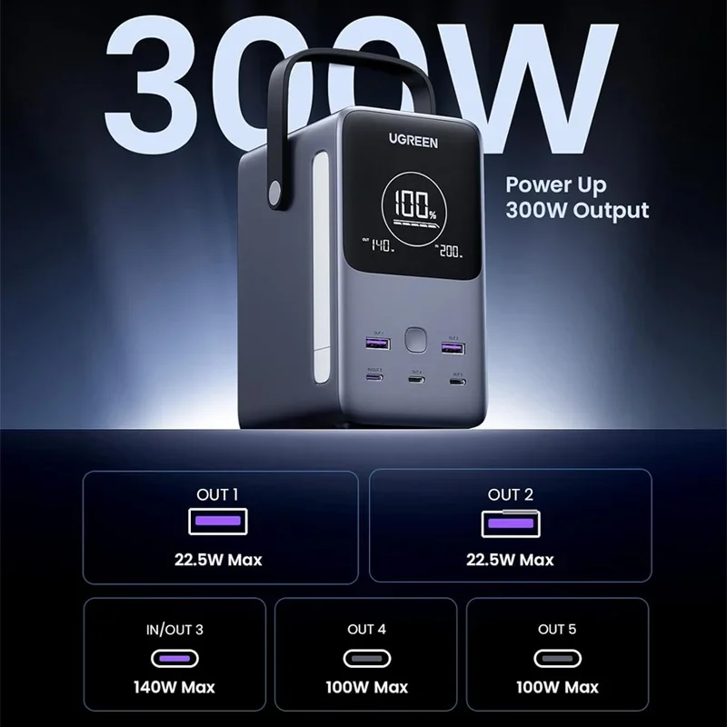 

TLF UGREEN 300W 48000mAh Portable Fast Charging Charger Power Bank 6 in 1 Portable Led Display Power Station for