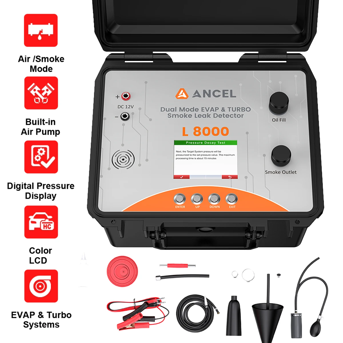 Machine à fumée automobile ANCEL L8000 |   Testeur de fuites de diagnostic double mode pour les systèmes EVAP et turbo |   Pompe à air intégrée et écran LCD couleur |   Pression et durée de fonctionnement réglables |   Compatible avec plusieurs véhicules