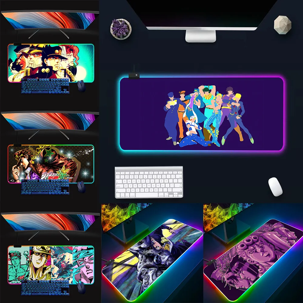 Jojo Bizarre Adventure RGB Pc Gamer Keyboard Mouse Pad Mousepad LED Glowing Mouse Mats Rubber Gaming Computer Mausepad