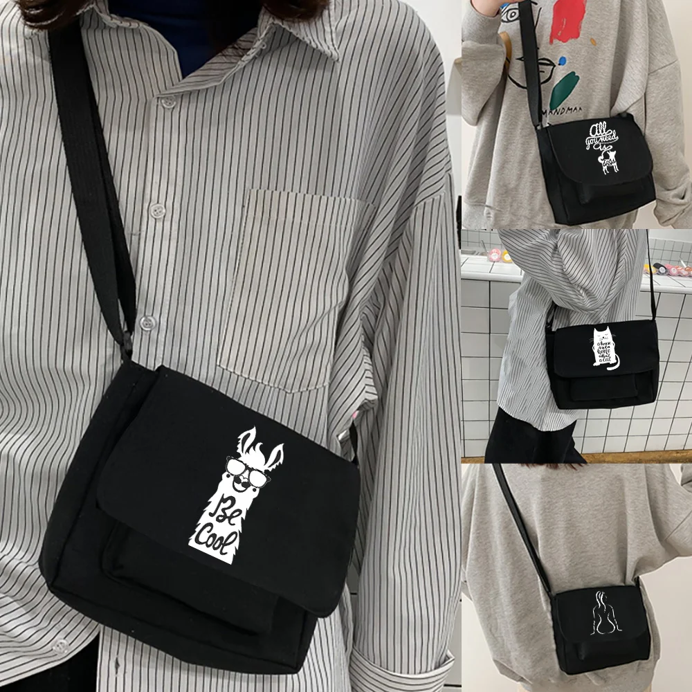 Daily Use Sling Shoulder Bag Canvas Material Adjustable Strap White Picture Pattern Crossbody Pouch Casual Shopping Activities