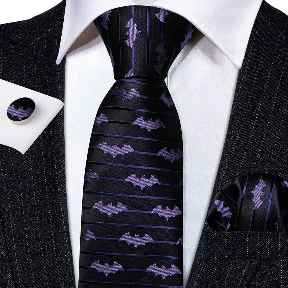 Novelty Silke Men Ties Fashion Purple Bat Design Woven Ncektie Handkerchief Cufflinks Set Wedding Party Gifts Barry.Wang FA-6210