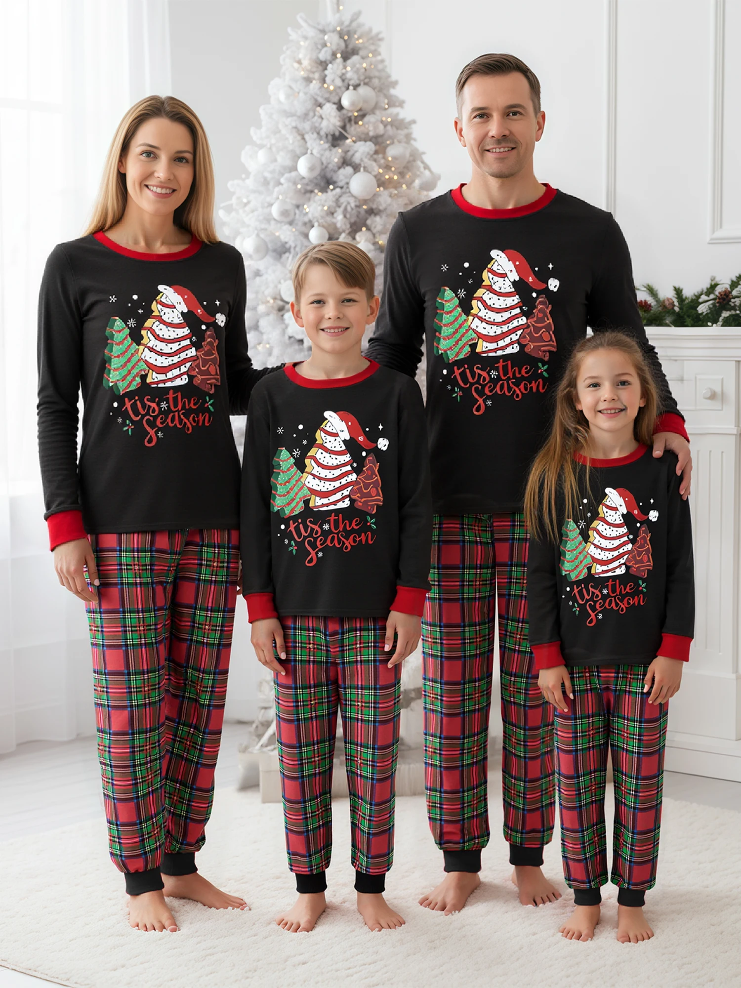 Christmas Family Pajamas Matching Set Long Sleeve Christmas Tree Print Tops Plaid Pants Sleepwear Xmas PJ Homewear