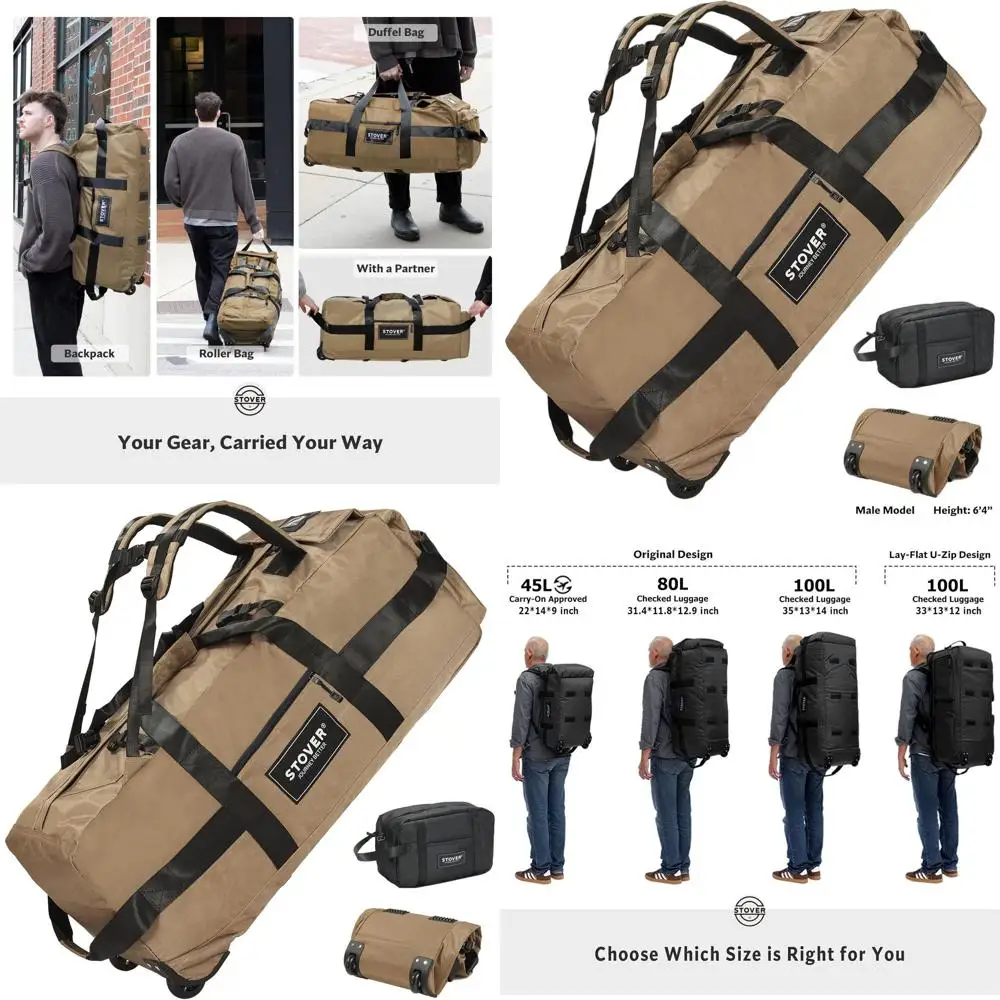 Rolling Travel Duffle Bag 45/80/100L, Large Durable with Wheels, Packable and Convertible to Backpack, Unisex (Tan)