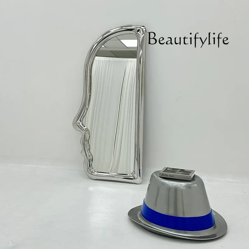 Modern creative art stainless steel dressing floor side face full body mirror wall hanging clothing store decorative mirror