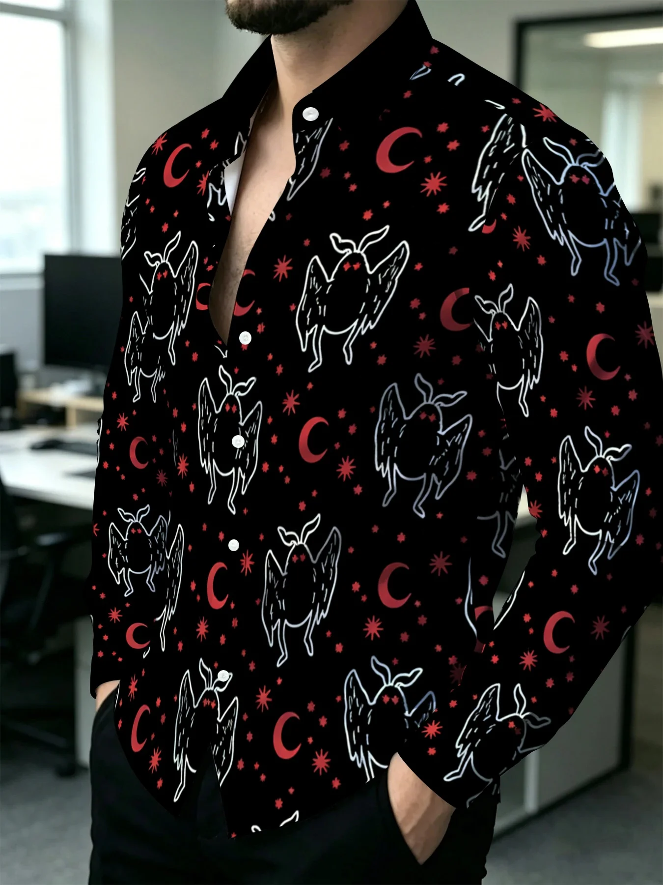 Men Long Sleeve Button Down Shirt Black White Red Moon Star Witch Print Polyester Lapel Collar Halloween Party