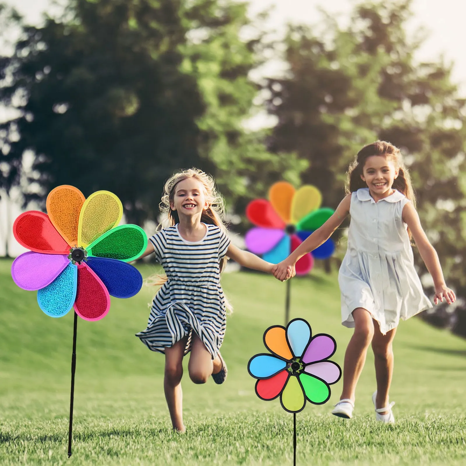 New Colorful Rainbow Flower Spinners Wind Windmill Garden Yard Outdoor Decor Sparkly Pinwheels For Yard Scare Birds Away - view 5