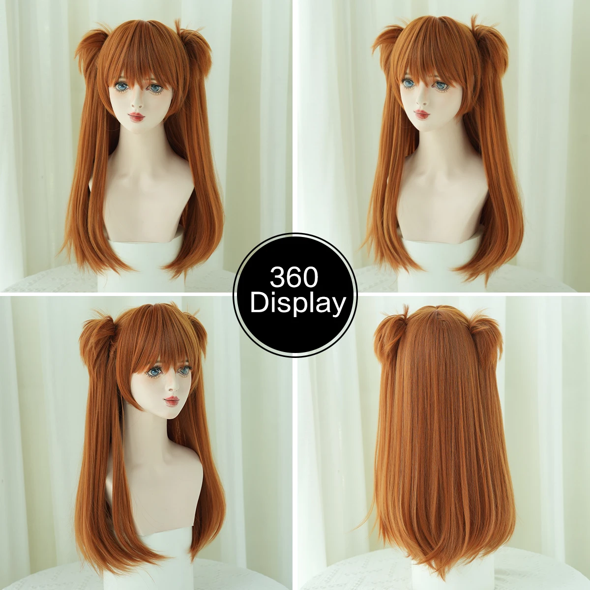 7JHH WIGS Anime Cosplay Wigs Long Straight Orange Wig with Bangs Costume Synthetic Wig with Clip on Double Ponytails Party Hair image 4