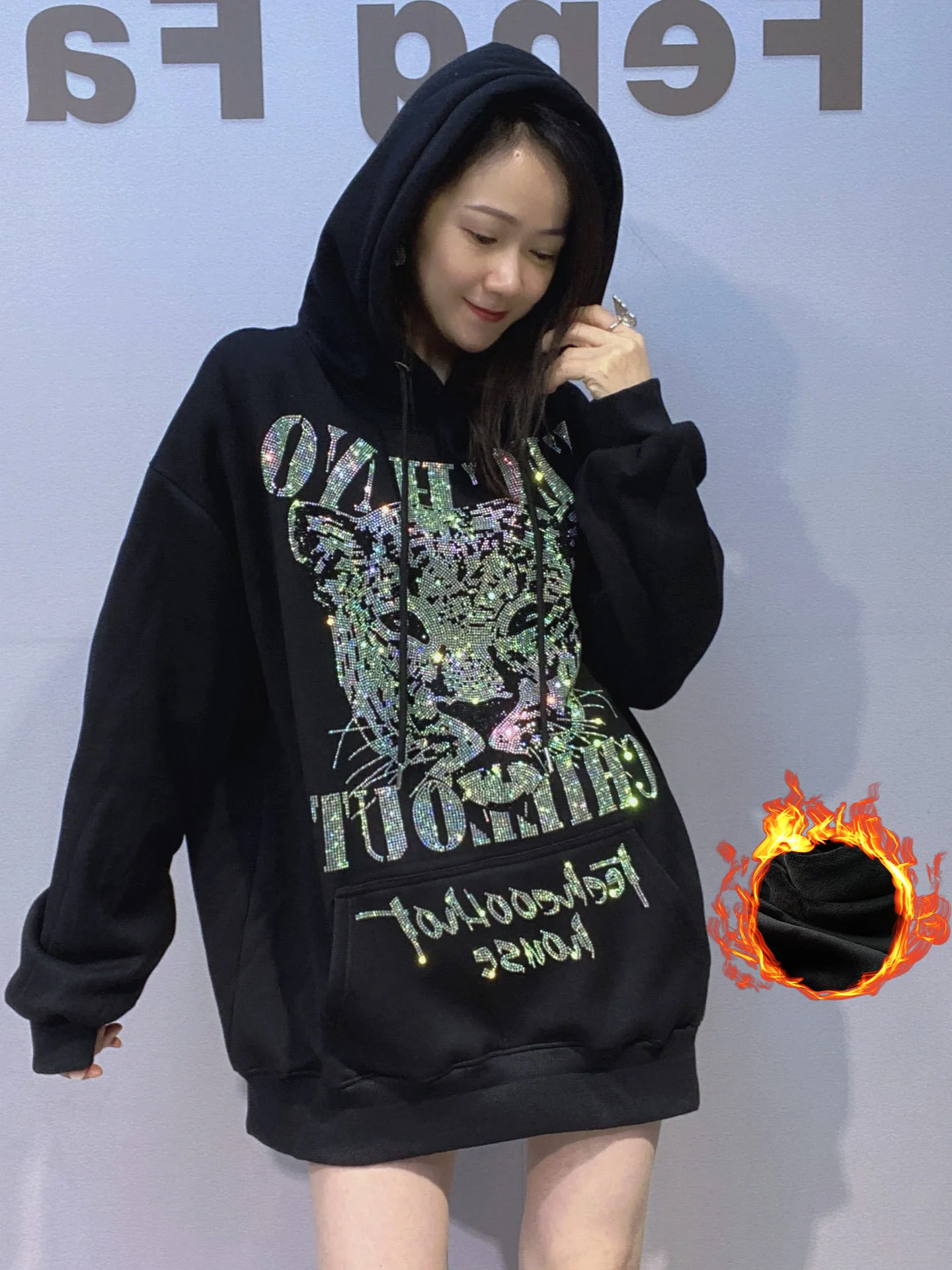 

Women Hot Drilling Sweatshirt Black Hoodies Large Size y2k Causal Sweatshirts Spring Autumn Hooded Pullovers With Sequins