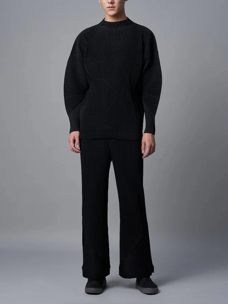 Miyake Men's Pleated T Shirts Mock Neck Long Sleeve Drop Shoulder Top