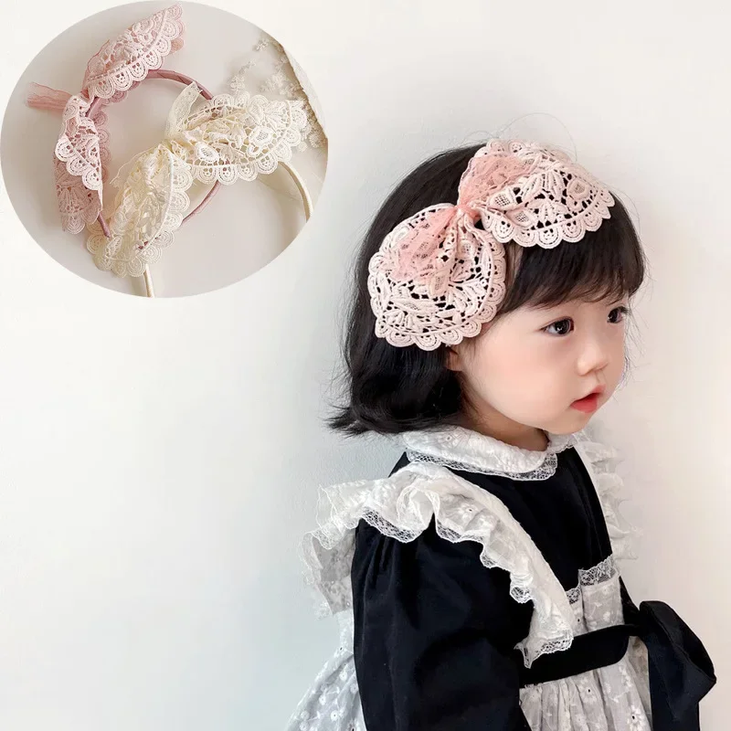 1pc New French Vintage Lace Tie Bow Hair Bands Lace Headband Cute Big Bow Hair Hoop for Baby Girls Baby Hair Accessories