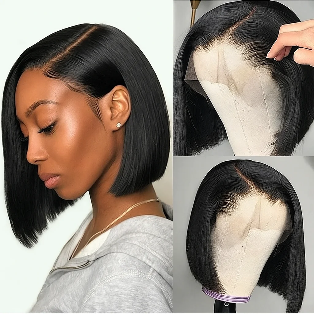 

Indian Straight T-part Bob Lace Frontal Wig for Women Human Hair Middle Part Straight Costume Wig