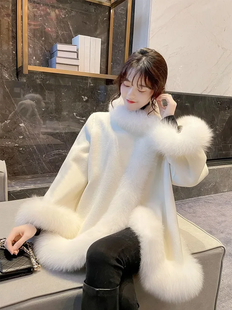 Winter Women\'s Fake Fox Fur Coat Wool Cloak Cashmere Warm Jacket Detachable Collar Open Stitch Thickening Female Coat T666