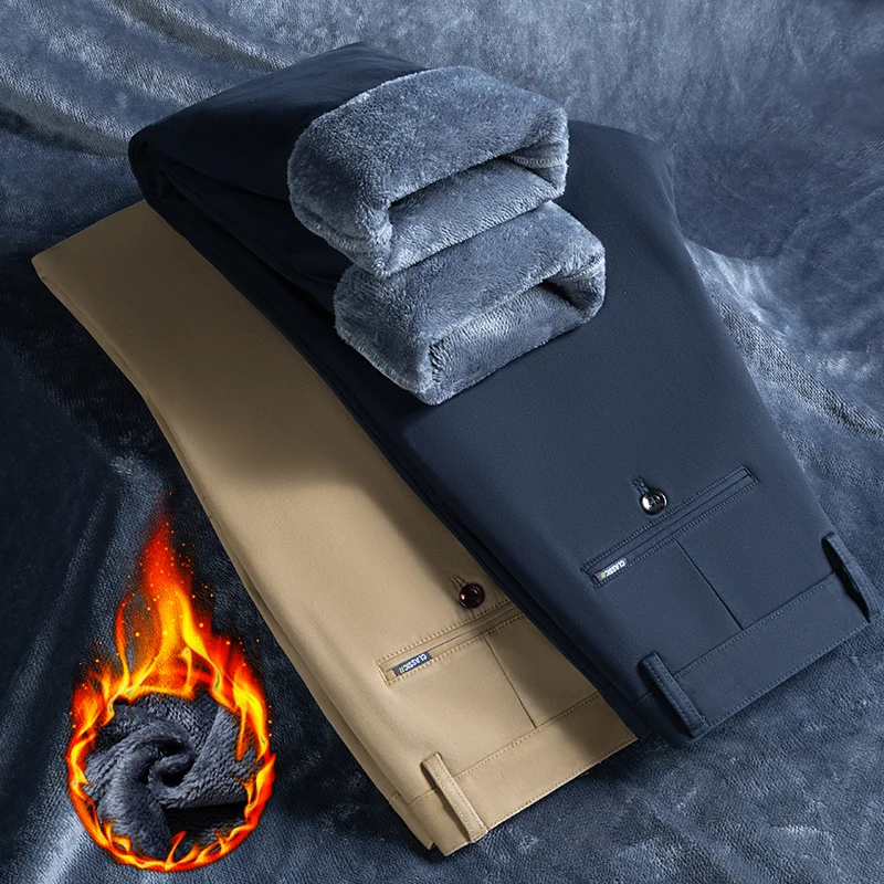 

Зимние высококачественные хлопковые толстые повседневные брюки 97% Деловые повседневные бархатные теплые эластичные брюки цвета хаки, шерстяные брюки на флисовой подкладке