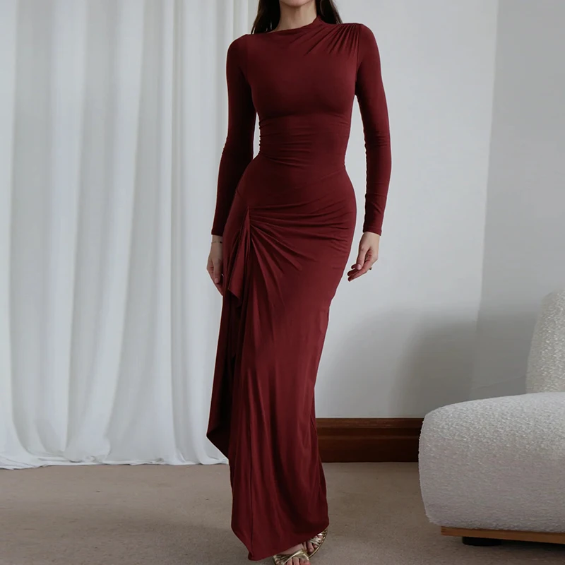 Elegant Fashion Elastic Women Dress Casual Solid Long Sleeve Vestidos Dress Autumn Slim Irregular Lace Up Side Split Long Dress