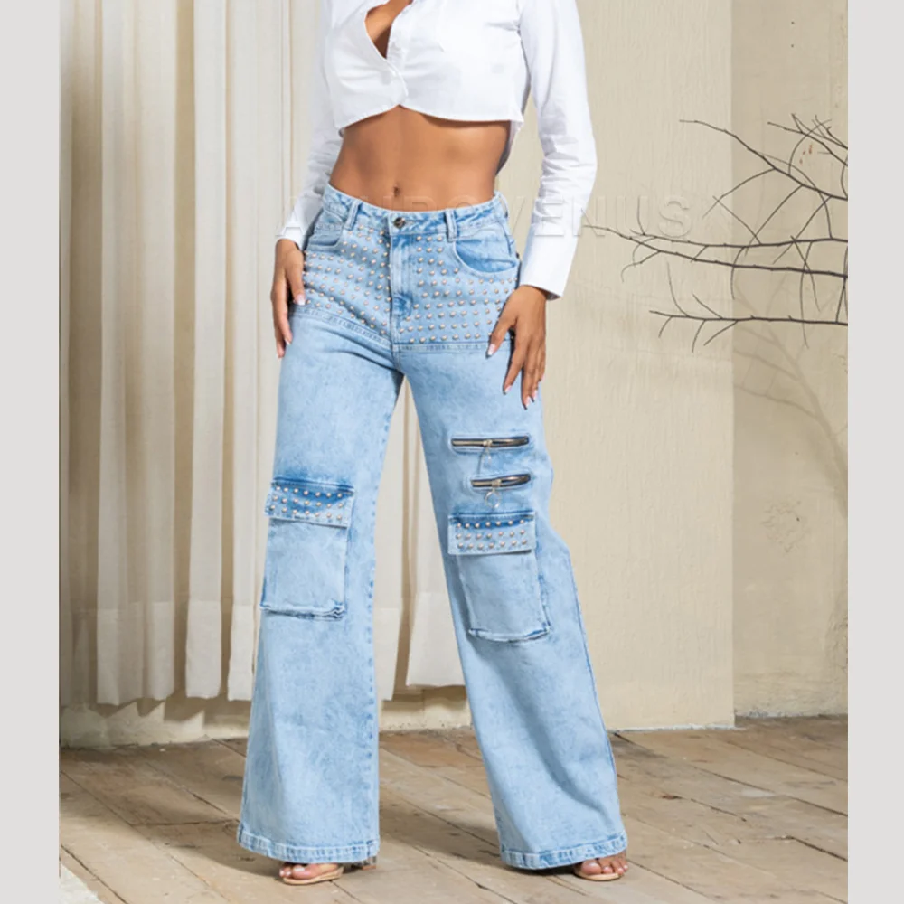 Fashion Straight Leg Cargo Pants High Waist Vintage Slim-fit Jeans Women Casual Long Jeans Denim Clothing Blue Pants 2024