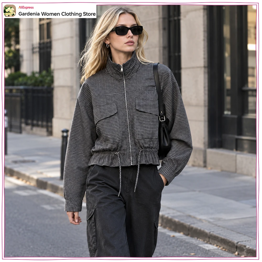 Stylish Women's Quilted Check Stand-up Collar Jacket Autumn Adjustable Elasticated Waist Zippered Jacket with Flap Patch Pockets