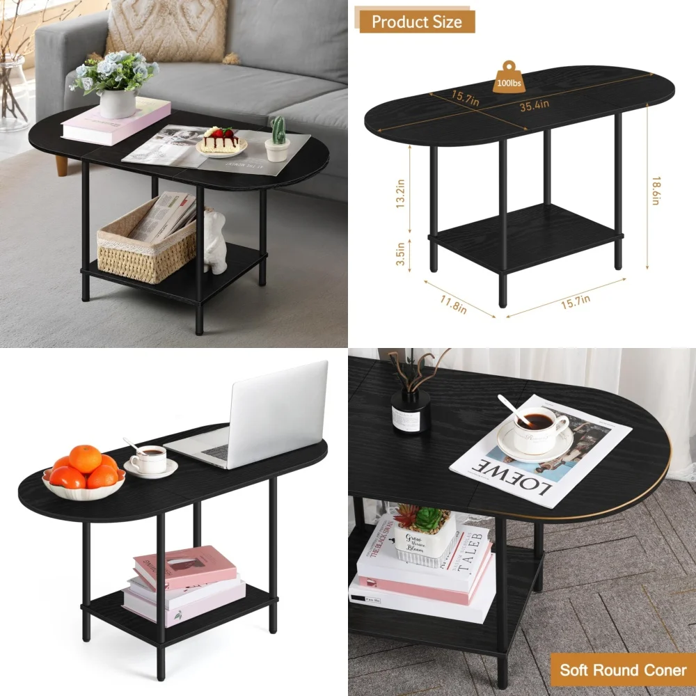 طاولات المقهى، طاولة قهوة بيضاوية سوداء أنيقة مع تصميم من طبقتين لغرفة المعيشة، طاولة مركزية صغيرة، مظهر حديث لمنتصف القرن #1