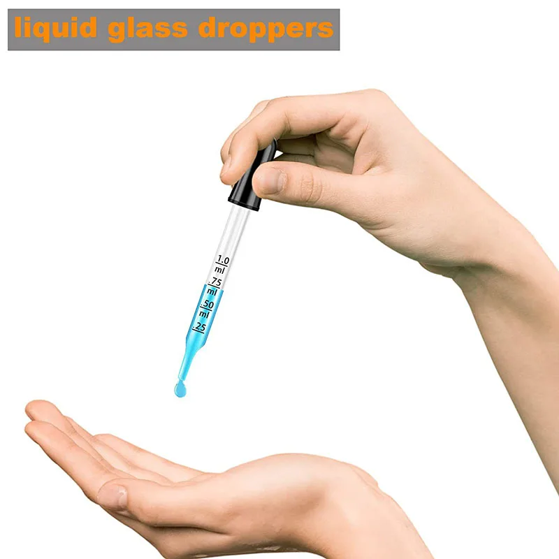 1ML Transparent Laboratory Glass Dropper with Graduated Rubber Straight Head, School Laboratory Supplies 10 Pieces/pack