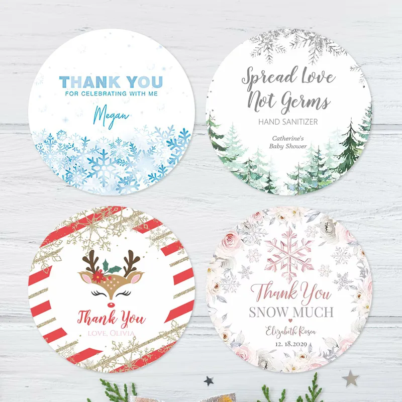 Benutzerdefinierte Weihnachten Neujahr Schneeflocke Aufkleber Silber und Blau Namensaufkleber Danke Bevorzugungsanhänger Winter Winter Babyparty Aufkleber