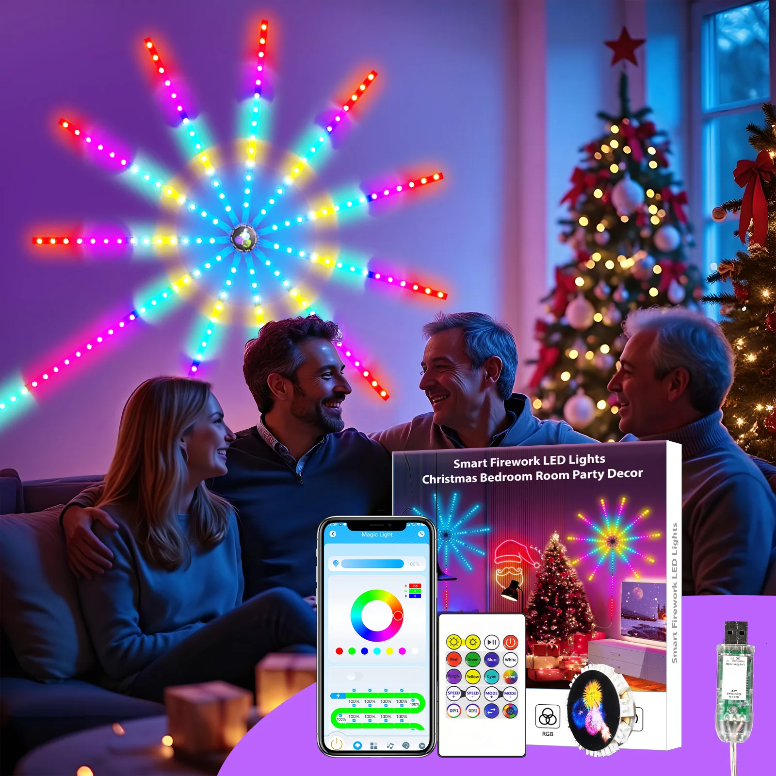 

Smart Fireworks LED Lights with Remote and App Control, Music Microphone Sync, RGB IC Color Changing for Indoor Party decoration