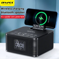 Portable Mobile Phone Wireless Charger Bluetooth Speaker FM Radio Column Dual Trumpet TF Card U Disk Boombox LED Clock Display