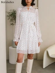 Bornladies Fashion Print Women Dress Casual Chic lace up Pleated V-neck puff Sleeve Mini Dresses Elegant slim waist  Female