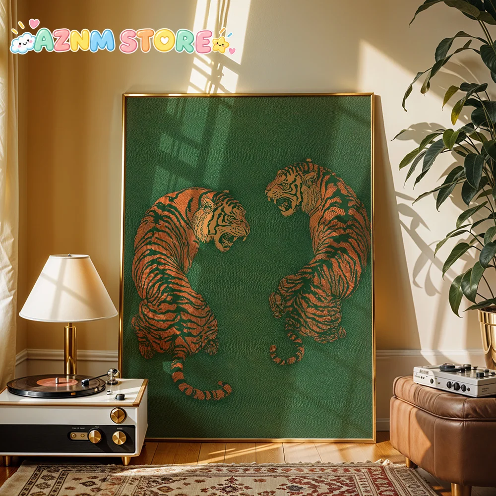 2D Flat, Tiger Fight Scene Wall - Horizontal Canvas Suitable for Bedroom & Living Room Decor, Tiger, Ink Canvas for Modern De