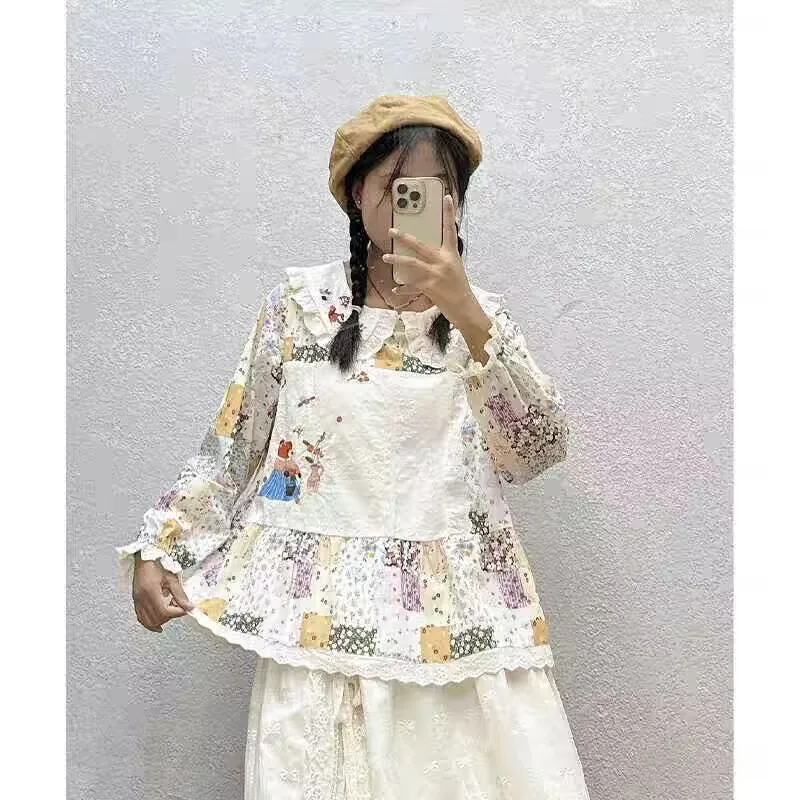 Vintage Mori Girl Embroidery Kawaii Shirts For Women Japanese Style Peter Pan Collar Patchwork blouses Sweet Casual Lolita Shirt