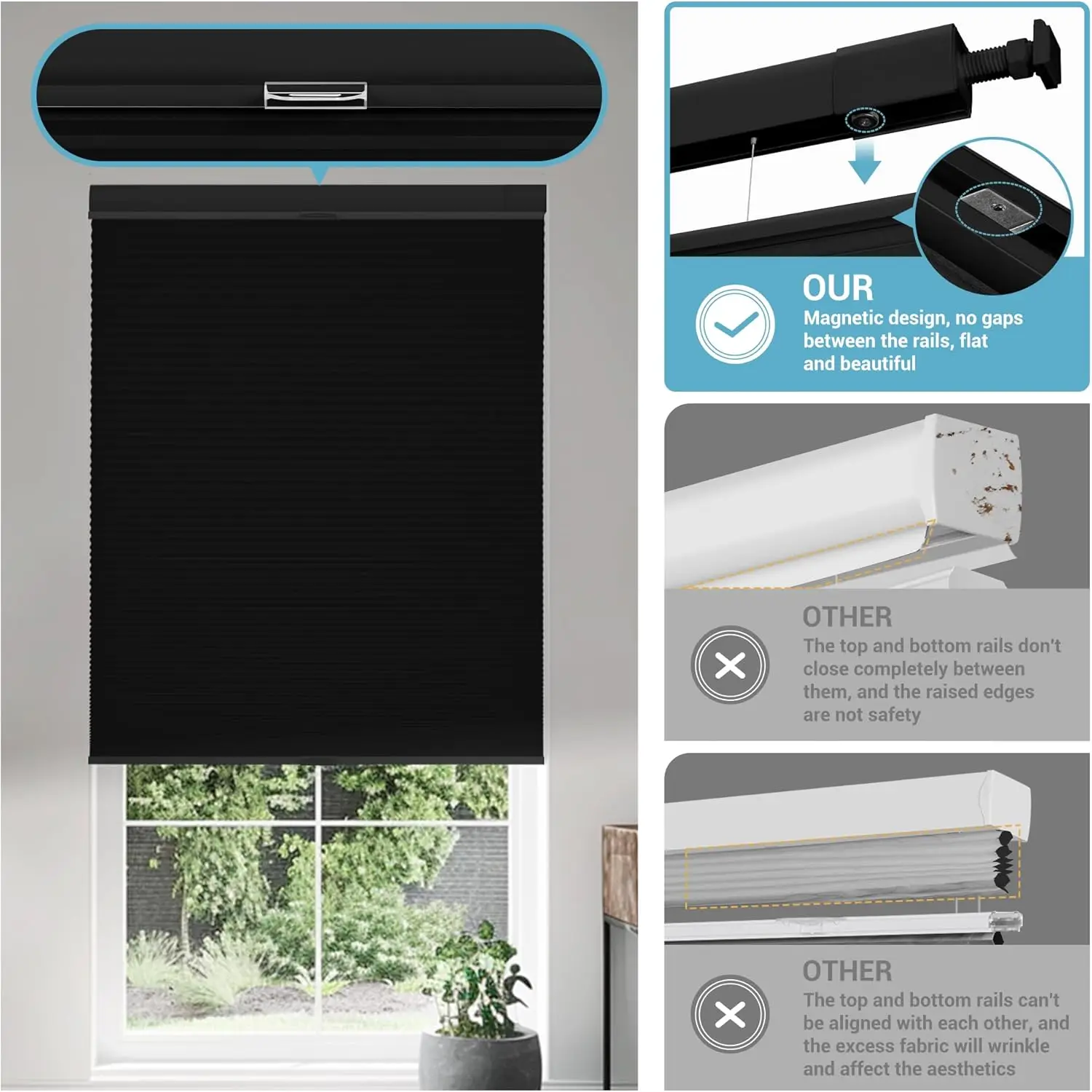 Sunroad Custom Made Blackout Cordless Cellular Shades - Top Down Bottom Up Honeycomb Blinds, No Drill Tools, Easy Install, Black