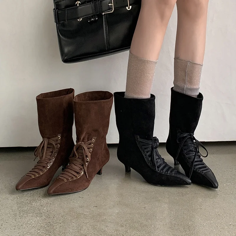 MKKHOU Women Suede MidCalf Ankle Boots Pointed Toe LaceUp Kitten Heels Vintage SlipOn Western Ladies Boots Women