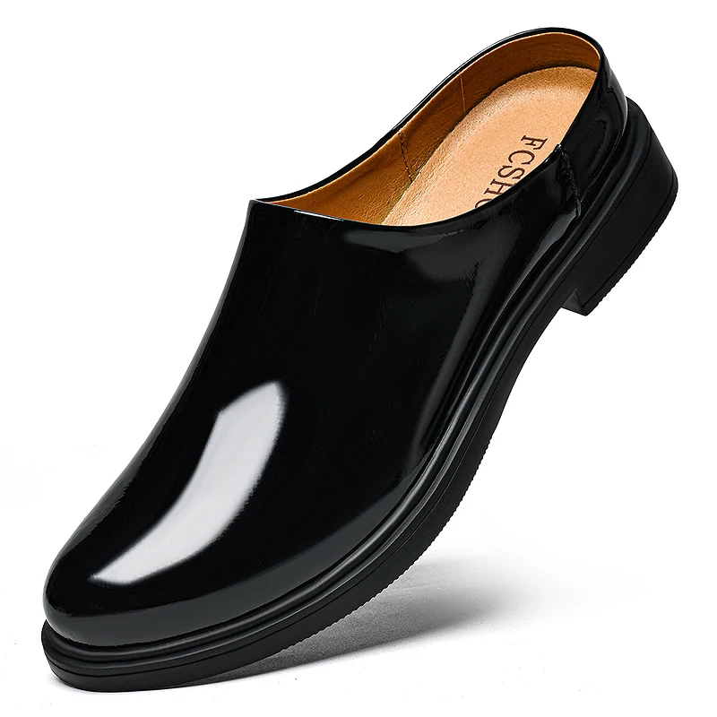 Mules Mens Patent Leather Backless Casual Shoes Platform Big Size 47 Summer Fashion British Style Outdoor Half Slippers for Man