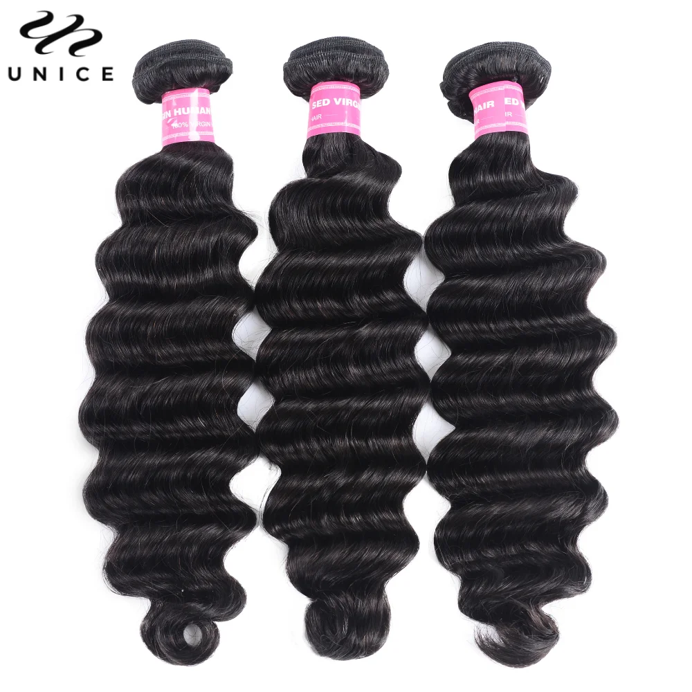 Unice solto onda profunda Pacotes de cabelo, 100% cabelo humano, costurar em tece, cor natural, virgem, 12-26 em, 3PCs