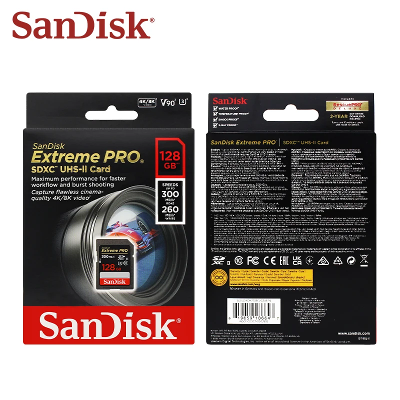 SanDisk Extreme PRO SDHC 32 Go SDXC 64 Go 128 Go Cartes UHS-II Jusqu'à 300 Mbumental Carte SD Carte mémoire flash d'origine pour appareil photo vidéo 4K