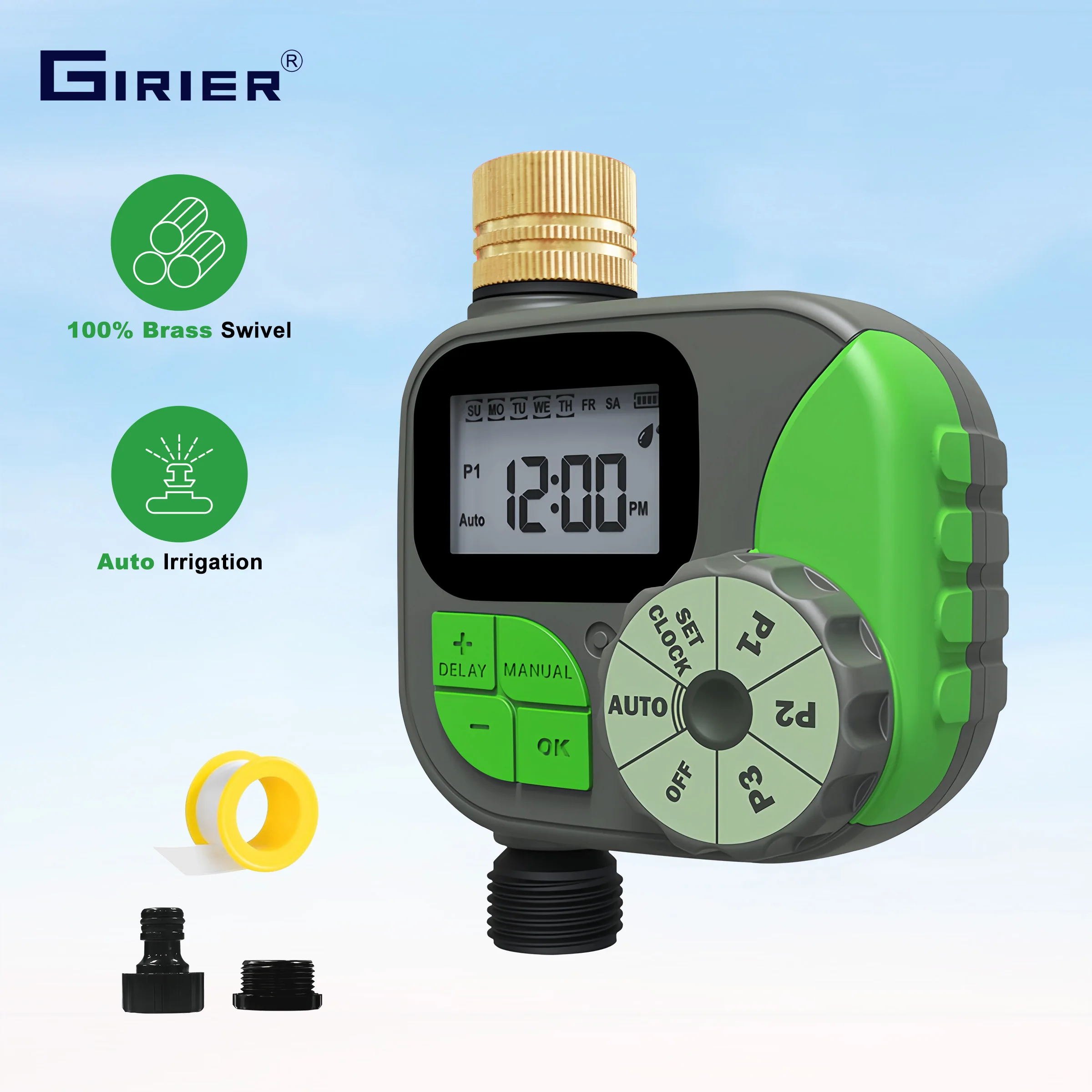 

GIRIER Water Timer with Brass Swivel Programmable Sprinkler Timer with Large LCD Sreen for Garden Automatic Irrigation System