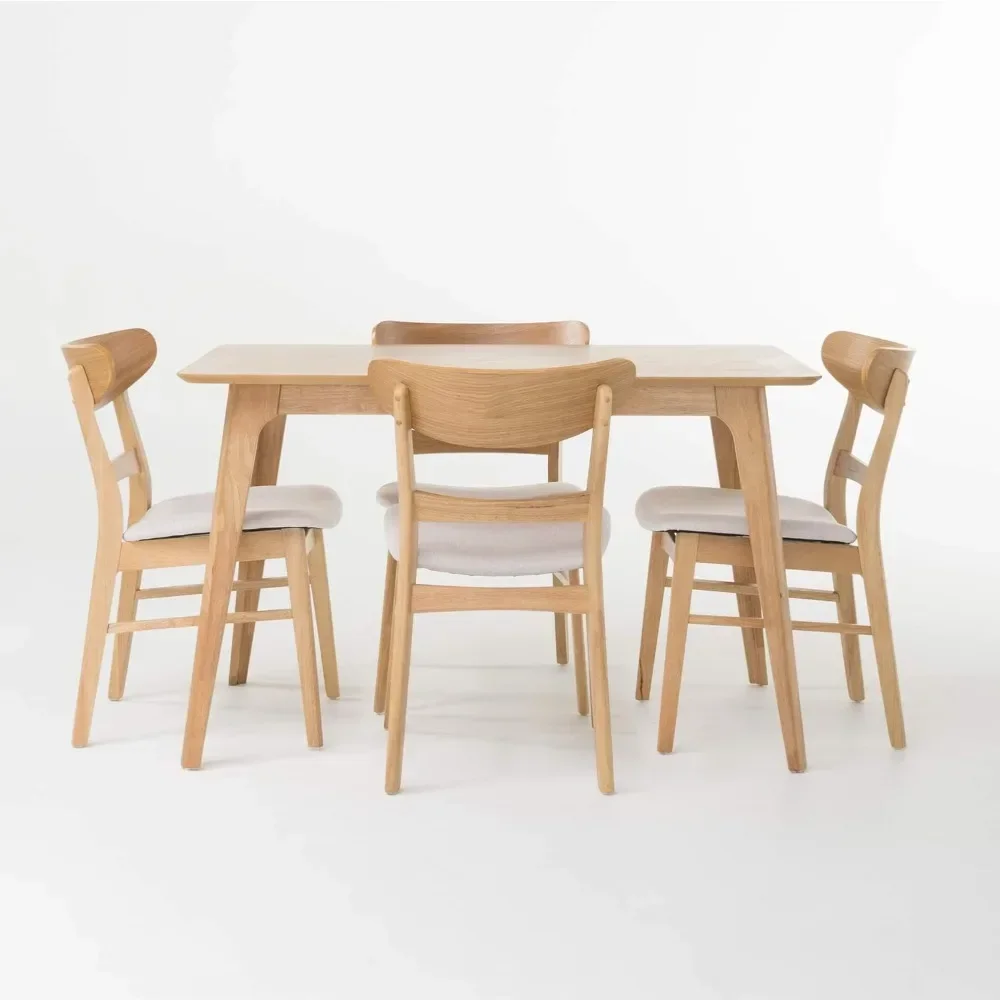 Dining Set with 4 Chairs, 5-Pcs Set, Natural Oak / Light Beige