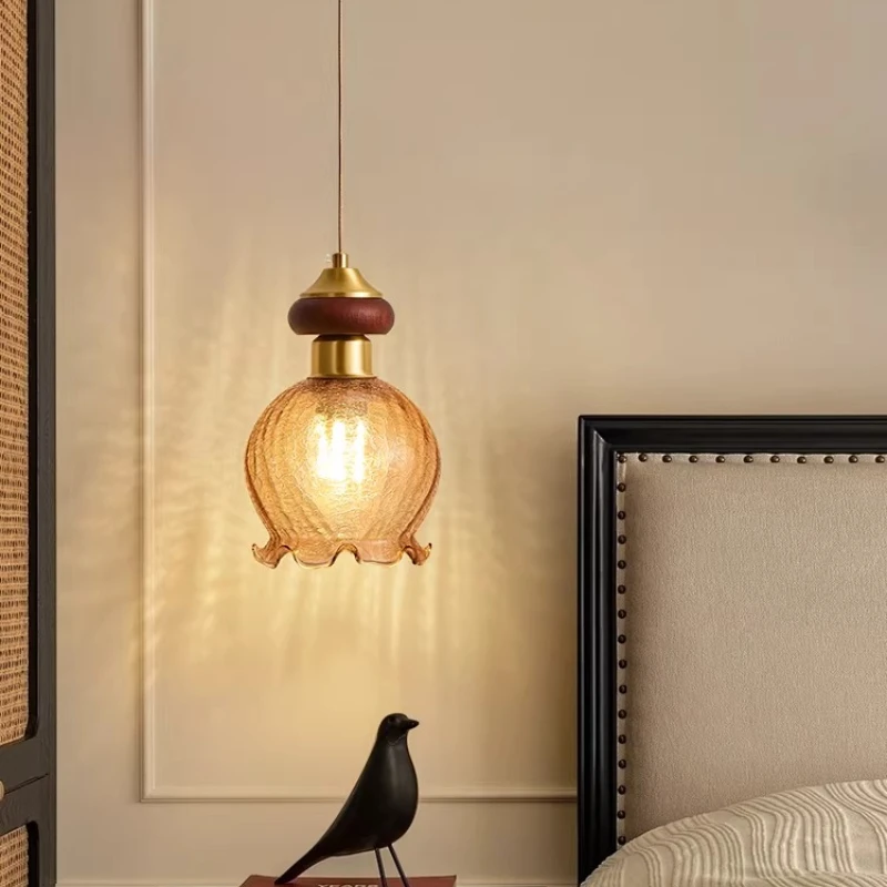 French Vintage Ice Cracks Glass Bedside Pendant Light Restaurant Bar Counter Study Bedroom Designer Creative Retro Hanging Lamps