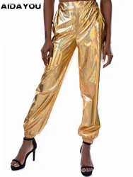 Women's Metallic Shinny Pants Casual Holographic Jogger Sweatpants Punk Hip Hop Trousers Streetwear Gold Blue Silver Shinning