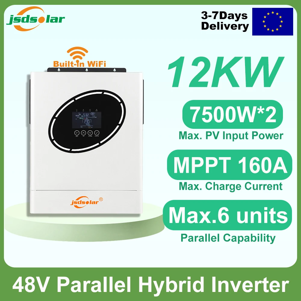 Jsdsolar Hybrid-Solarwechselrichter 12kW Parallel 48V Off-Grid-Wechselrichter mit BMS MPPT 160A Eingebautem WIFI Reiner Sinuswellen-Generator RS485 Max. PV-Eingang 15kW EU-STORE