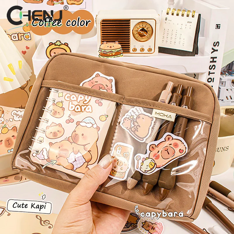 Large Capacity Kawaii Capybara Multi Layered Separated Stationery Bag Pencil Case Cosmetic Bag School Office Supplies Stationery