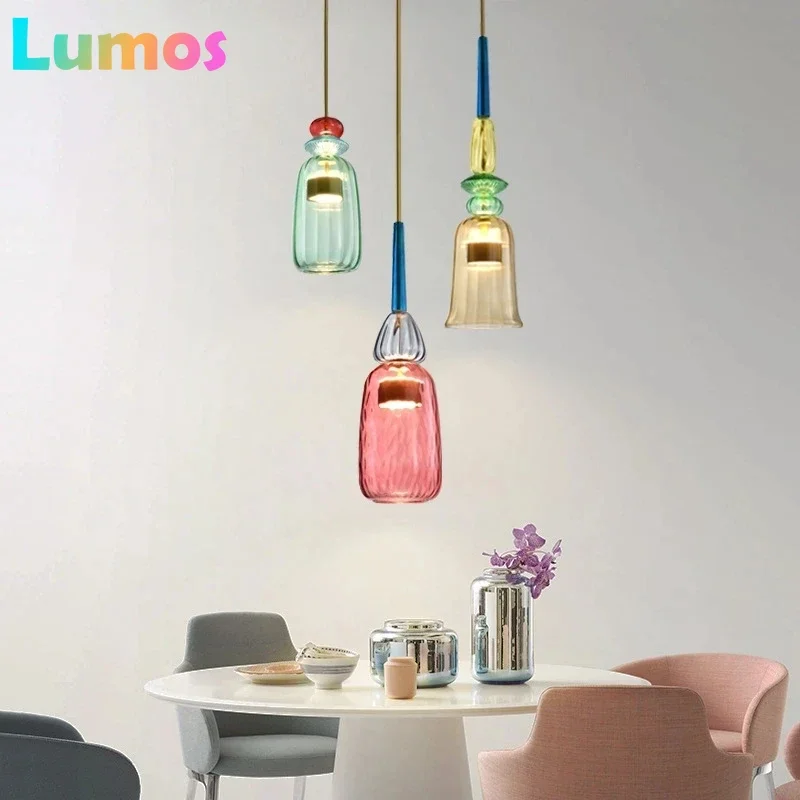 Colorful Glass LED Pendant Lights for Dining Room Kitchen Table Hanging Chandeliers Suspension Restaurant Bar Decor