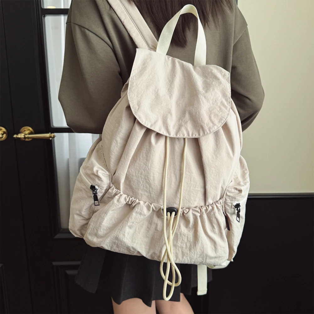 Drawstring Backpack Nylon Rucksack Ruched Design Large Capacity Lightweight Multi Pockets For Daily Travel Outdoor Walking view 5