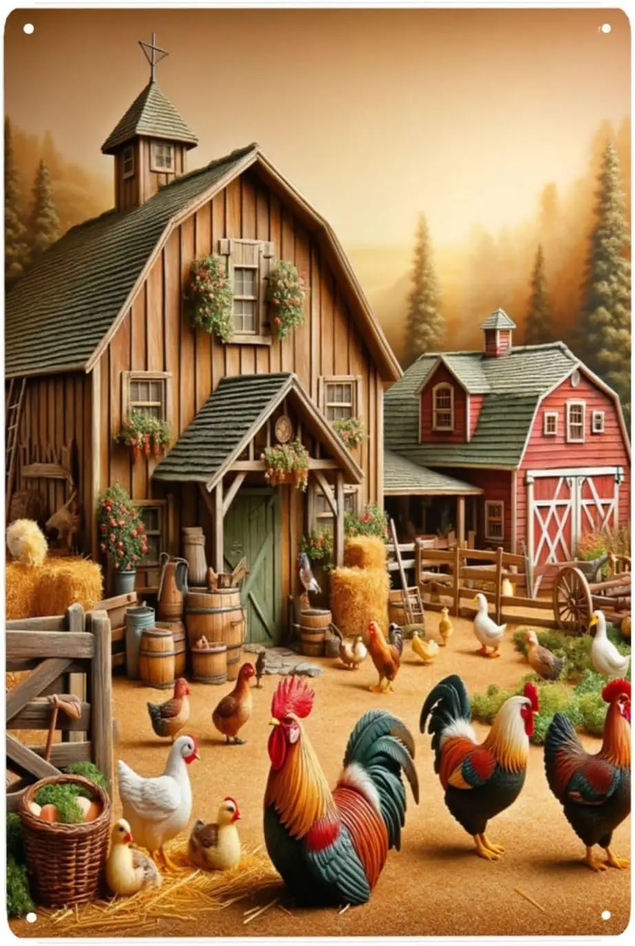 Bucolic Farm Scene with Chickens Metal Tin Sign A Pastoral Wall Decor Bringing Serenity to Your Space 12x8inch good sign sign
